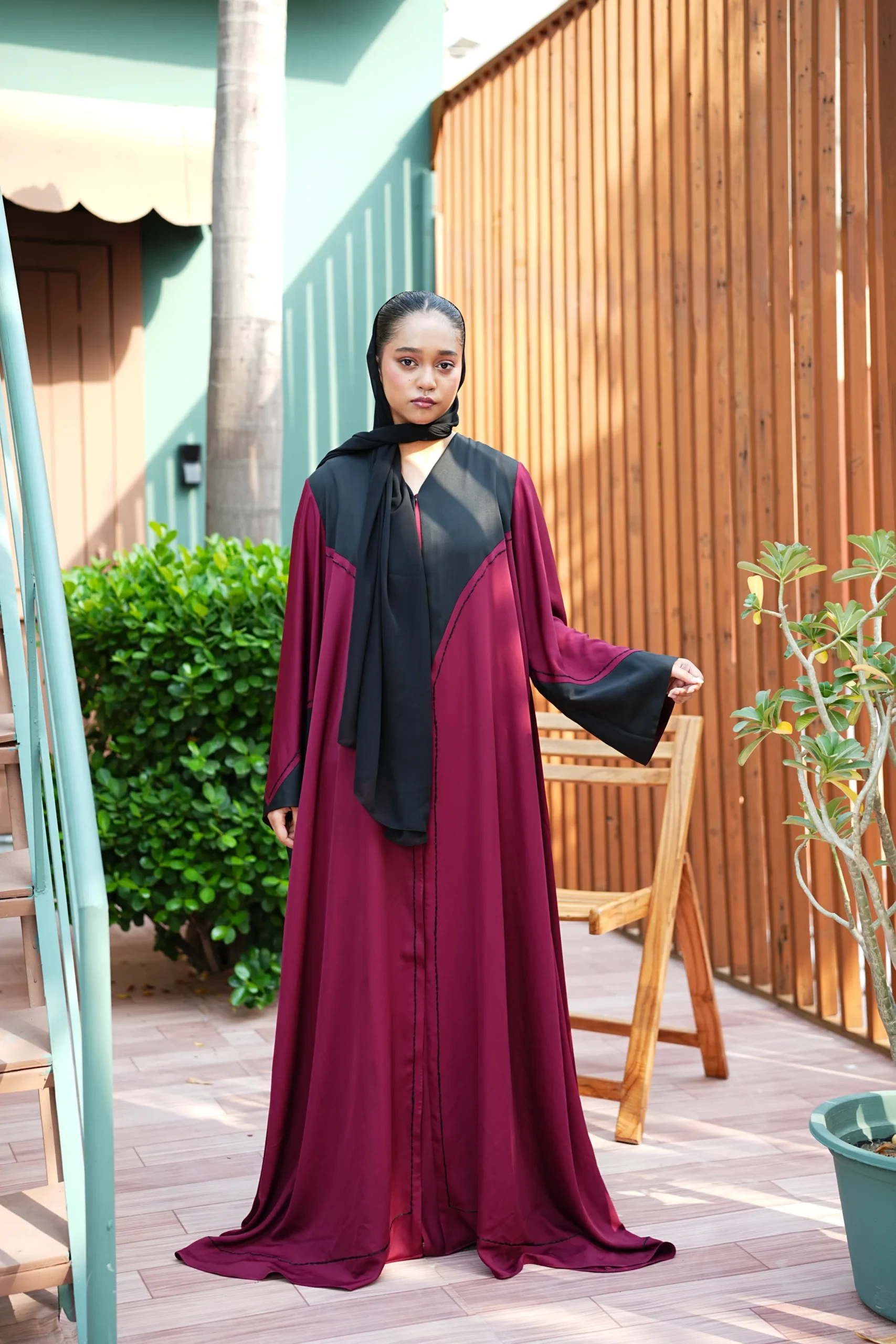Maroon Designer Abaya - Image 2